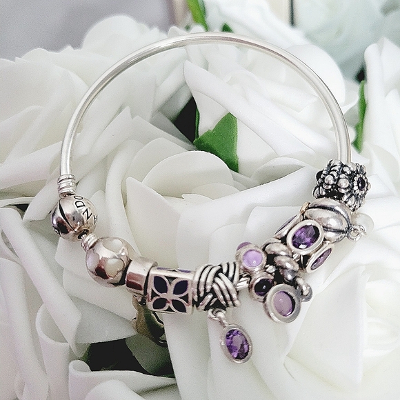 PANDORA purple amethyst mother of pearl beads charm sterling silver bracelet - Picture 6 of 15